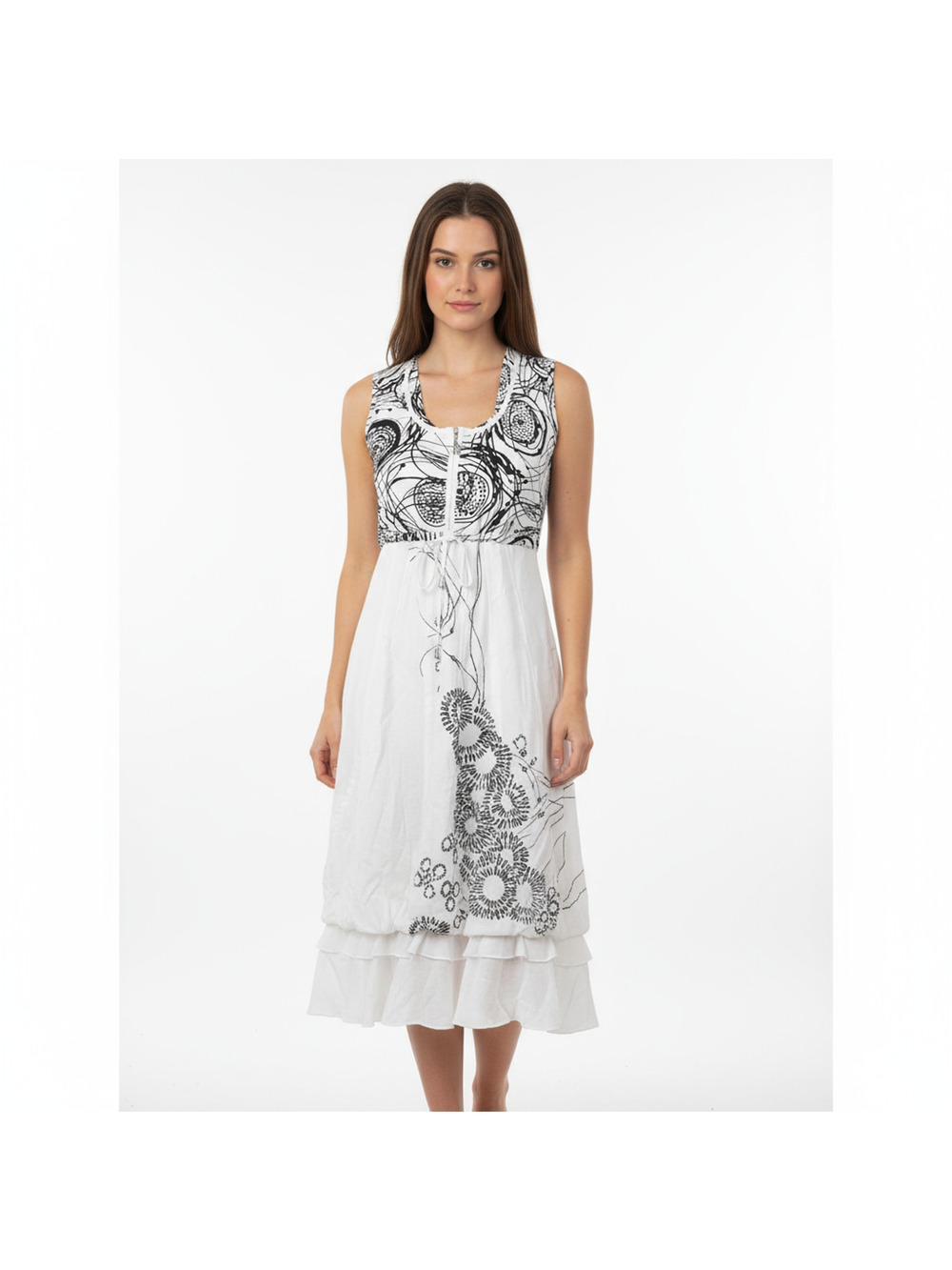 LanVie Midi Dress Womens Small White Black Abstract Sleeveless Tiered Boho Chic